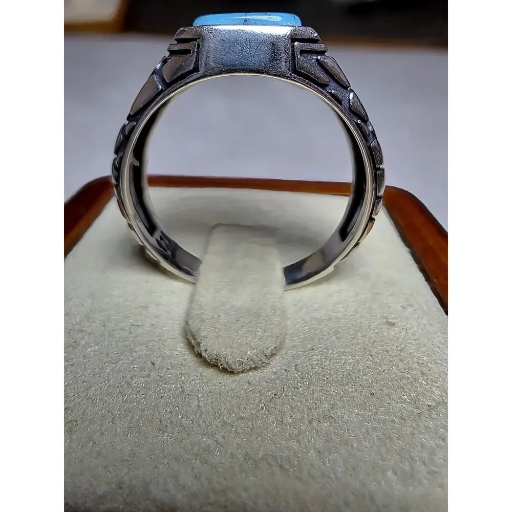 S10 Natural Turquoise Signet Engraved Ring 925 Sterling Silver